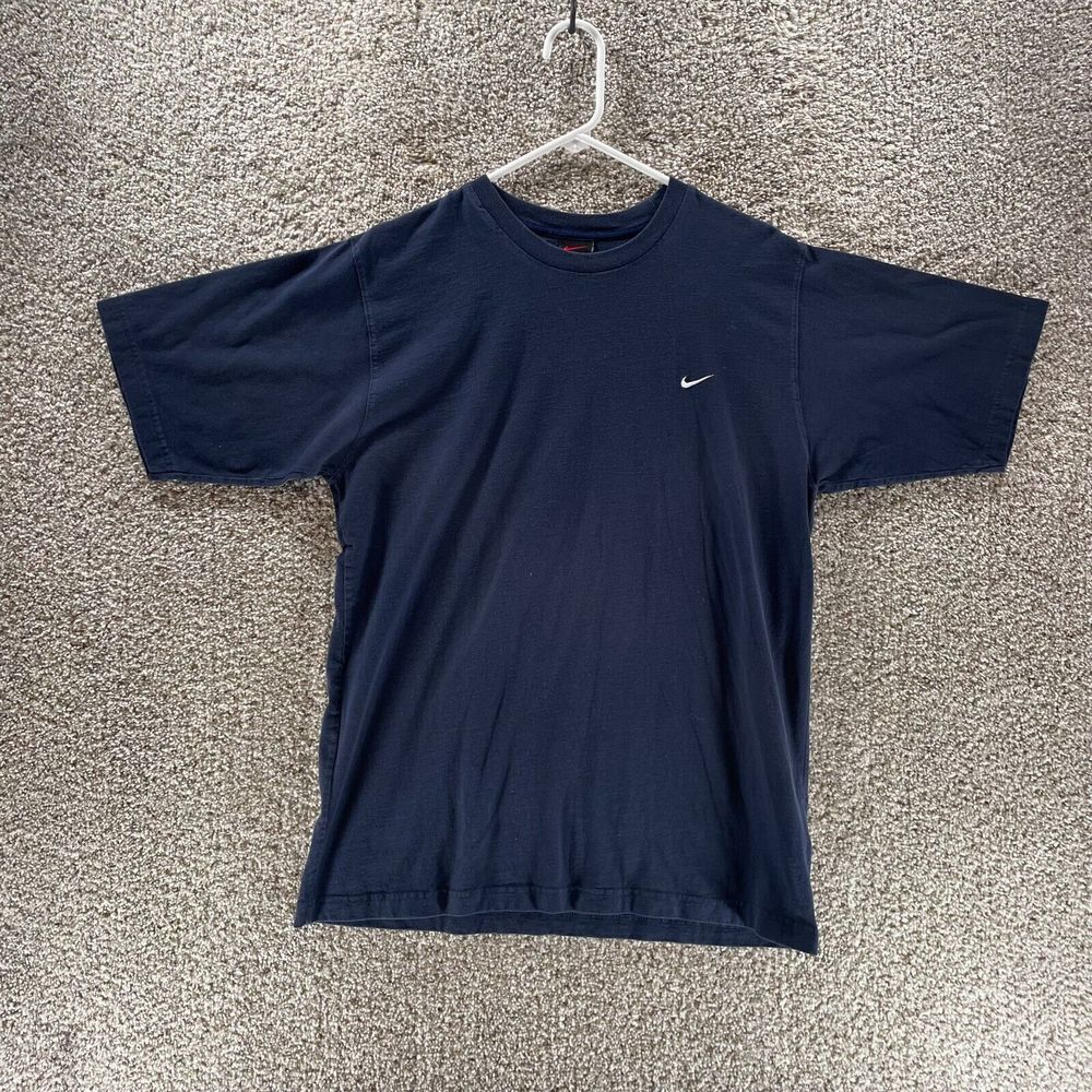 Vintage Nike Shirt Mens Medium Blue Made In Greece Mini Swoosh Logo 90s Minimal